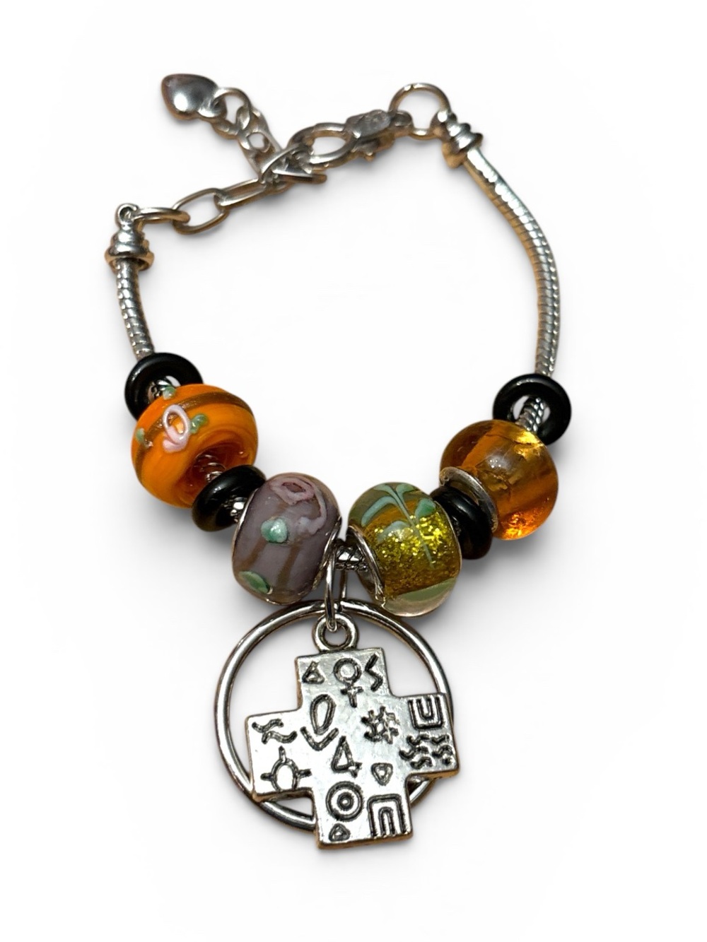 Artisan Made Silver Charm Bracelet with Orange and Green Glass Beads